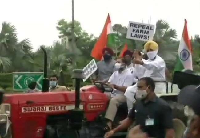 कृषि कानूनों के विरोध में कांग्रेस का प्रदर्शन, ट्रैक्टर चलाकर संसद पहुंचे राहुल गांधी; हिरासत में सुरजेवाला