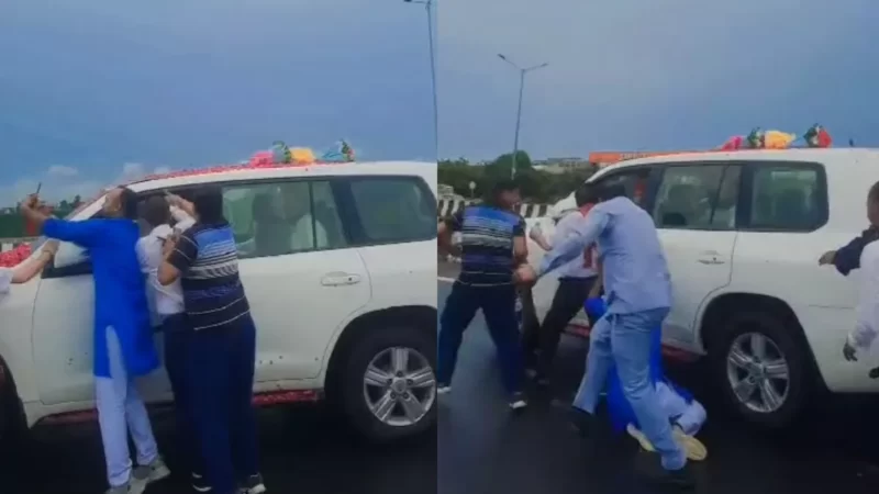 अखिलेश यादव के साथ सेल्फी लेने के चक्कर में गिरा सपा कार्यकर्ता, बाल-बाल बचा