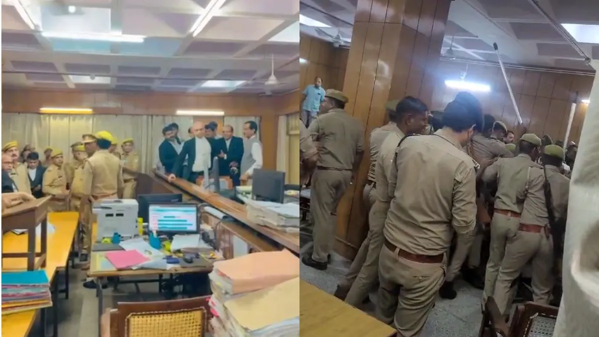 गाजियाबाद कोर्ट रूम में बड़ा बवाल, जज ने बुलाई पुलिस, लाठीचार्ज के बाद वकीलों ने लगाई आग