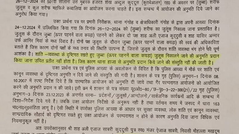 गंगोह में (जुब्बा) जुलूस की अनुमति देने से हिन्दू समाज में रोष, बजरंगदल ने किया विरोध