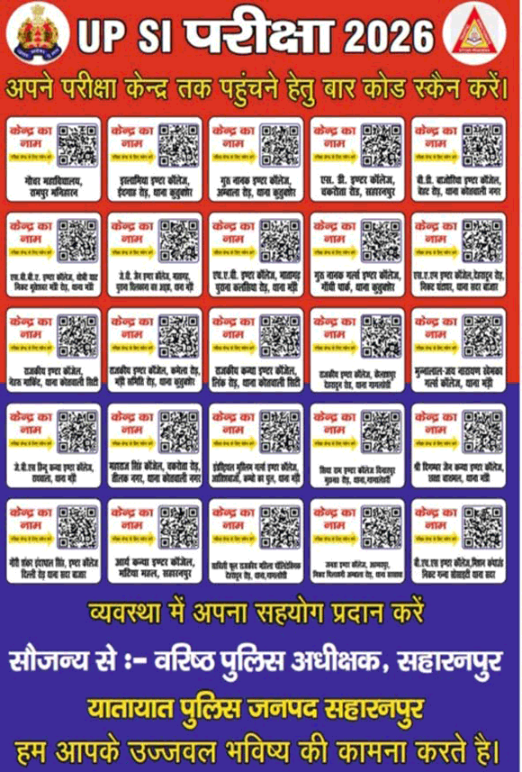 यूपी एसआई परीक्षा 2026 सहारनपुर में अभ्यर्थियों के लिए खास व्यवस्था, बारकोड स्कैन कर मिलेगी परीक्षा केंद्र की लोकेशन