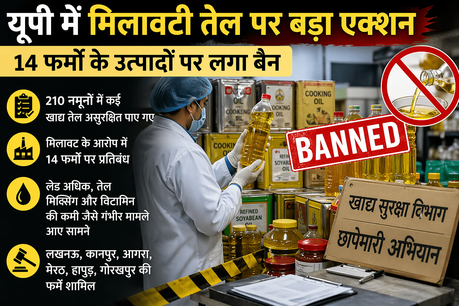 उत्तर प्रदेश : मिलावटी खाद्य तेल बेचने वालों के पर सख्त कार्यवाही, 14 फ़र्मों पर प्रतिबंध
