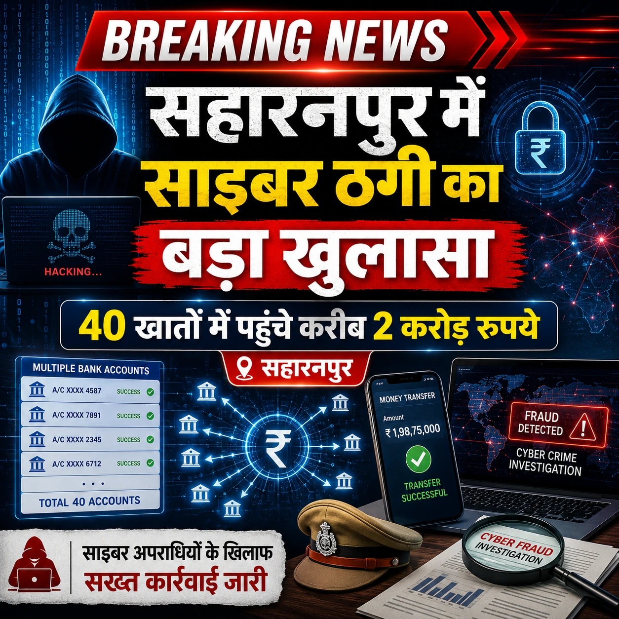 सहारनपुर में साइबर ठगी का बड़ा नेटवर्क उजागर, 40 खातों में पहुंचे करीब दो करोड़ रुपये